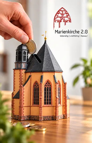 Ein Modell der Marienkirche als Spardose, eine Hand steckt oben 2 Euro rein. 