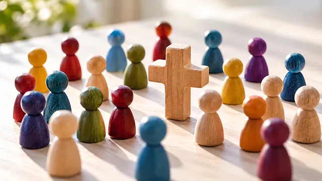 Viele Figuren die Menschen symbolieren stehen um ein Holzkreuz